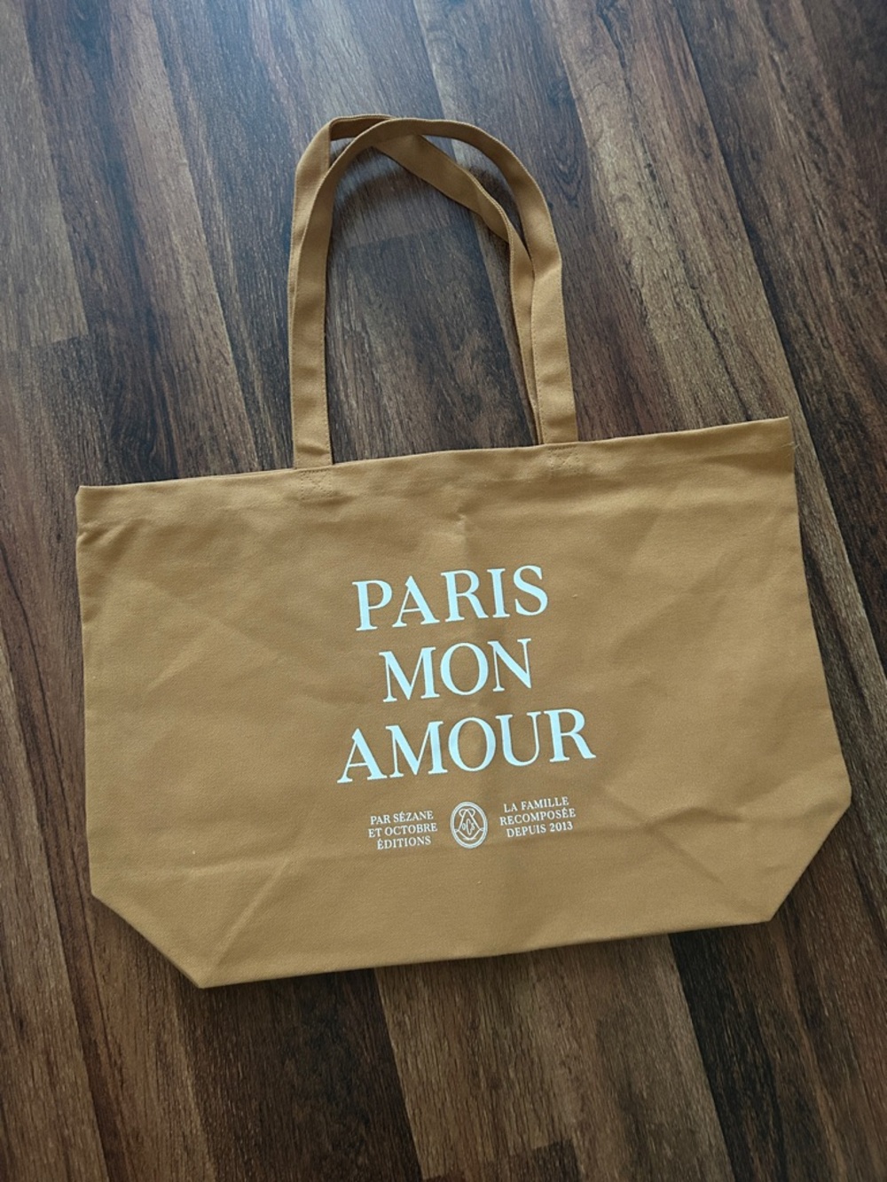 Sézane Paris Mon Amour Canvas Tote — Camel Tan with White Print